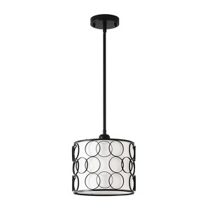 PAKOKULA 60-Wattt 1 Light Black Pendant Light With Open Metal Circle Cage and White Drum Fabric Shade - 1 of 4