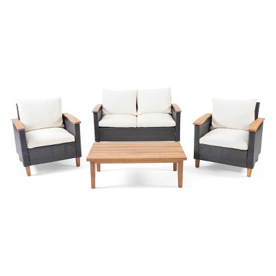 Isla Outdoor 4 Seater Chat Set with Coffee Table - Brown/Beige/Teak - Christopher Knight Home