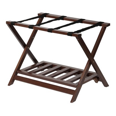 Walnut Folding Wooden Luggage Rack with Bottom Shelf, 2-Pack