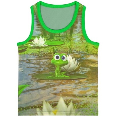 Masha and the Bear Frog on a Lilypad Tank Top, Full Print Lake Scenery, Machine Washable Cotton - Toddler
