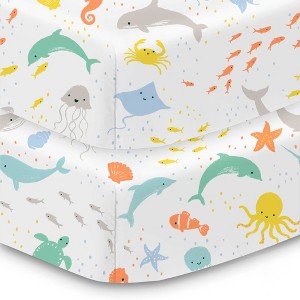 BreathableBaby Cotton Percale Fitted Sheet, For 52" x 28" Crib & Toddler Bed Mattress, Sea Creatures (2-Pack) - 1 of 1