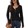Women's Long - Sleeve T - Shirt, Round Neck Button - Front Waffle - Textured Loose Casual Top - 2 of 4
