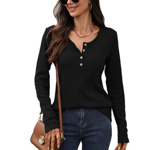 Coolmee Women's Long Sleeve Waffle Knit Shirts Dressy Casual Loose Button Up V Neck Henley Tops - 1 of 4