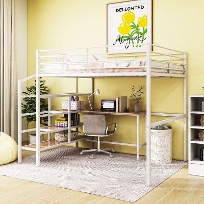 Streamdale Full Size Metal Loft Bed with Desk and Lateral Storage Ladder, White