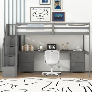 PAGED Full Size Loft Bed with Desk Simple Modern Wooden Bed Frame with Storage Drawers, LED and Inclined Ladder for Bedroom - 1 of 4