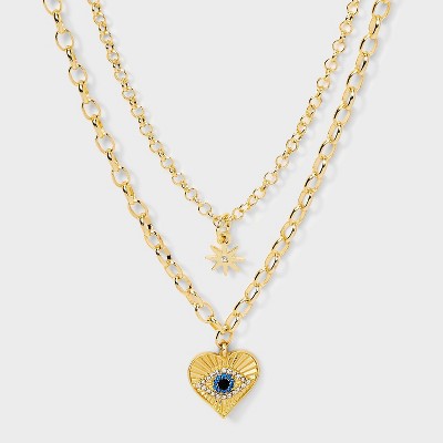 SUGARFIX by BaubleBar Guarding Gaze Multi-Strand Necklace - Gold/Blue: Brass Statement with Lobster Clasp