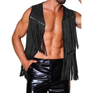 INSPIRE CHIC Men's Open Front Sleeveless Western 70s Suede Tassel Cardigan - 1 of 4