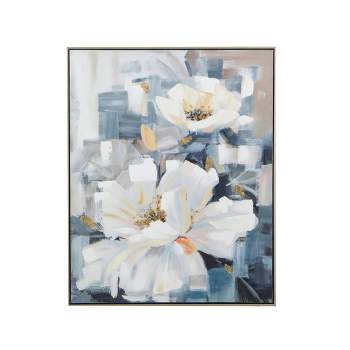 32.5"x40" Blooming Florals Hand Painted Gold Framed Wall Art White/Blue - A&B Home