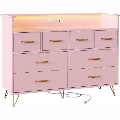 Dresser TV Stand, Dresser for Bedroom with LED Light & Charging Station Entertainment Center with Storage 8 Drawers Wooden Dressers