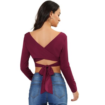 INSPIRE CHIC Women's Criss Cross Long Sleeve Scoop Neck Tie Back Crop Top