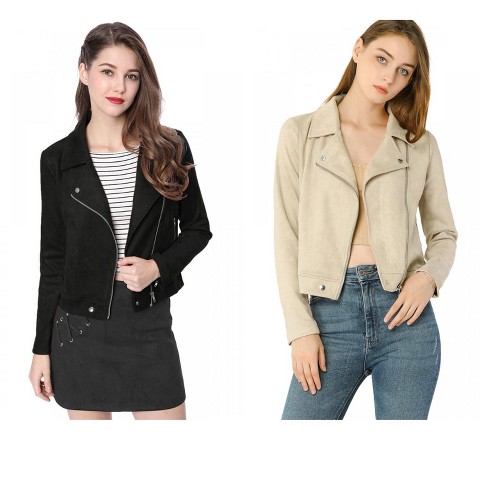 INSPIRE CHIC Women's Zip Up Faux Suede Biker Moto Jacket 2 Packs Black/Beige Small