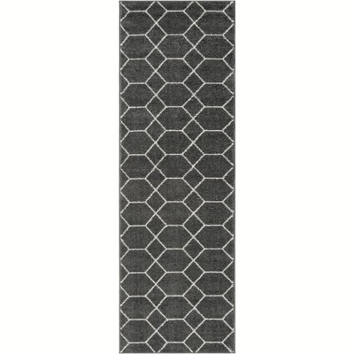 Dark Gray and Ivory Geometric Trellis Runner Rug