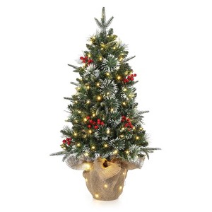 Christmas Tree, 3 Ft Pre-Lit Artificial Christmas Trees with Potted Base, Snow Flocked Small Christmas Tree with 70 Lights, Christmas Decoration - 1 of 4