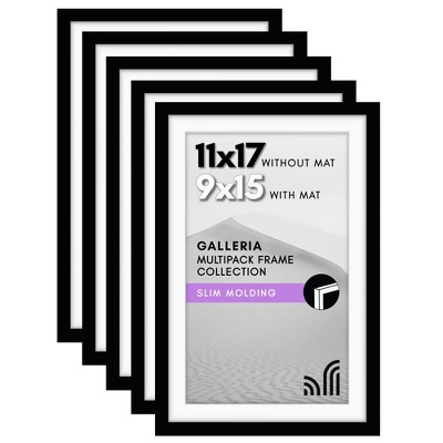 Americanflat 11x17 Picture Frame with Polished Plexiglass, Set of 5, Use as 9x15 Frame with Mat or 11x17 Frame Without Mat, Galleria Collection,Black