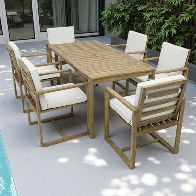 7-Piece Outdoor Patio Acacia Wood Dining Set with Umbrella Hole and 6 Cushioned Armchairs