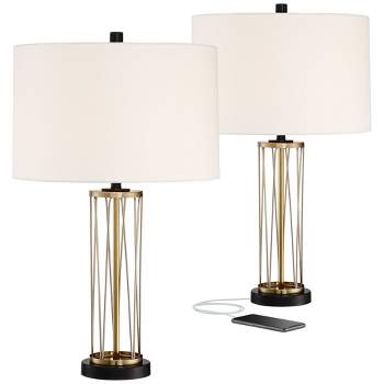 360 Lighting Nathan Modern Table Lamps 25 1/2" High Set of 2 Gold Metal with USB Charging Ports Off White Drum Shade for Bedroom Living Room Home Desk