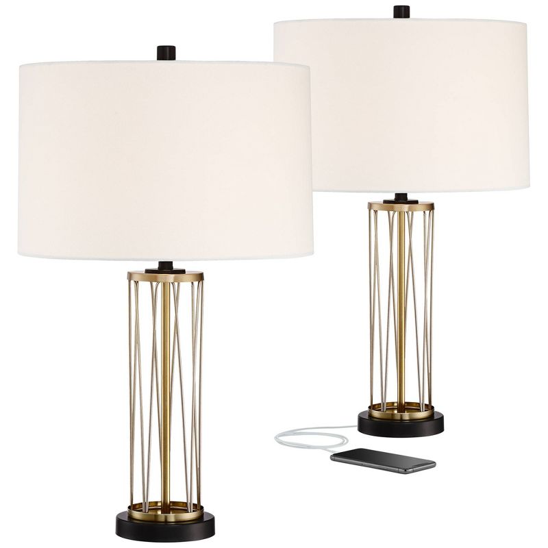 360 Lighting Nathan Modern Table Lamps 25 1/2" High Set of 2 Gold Metal with USB Charging Ports Off White Drum Shade for Bedroom Living Room Home Desk, 1 of 10