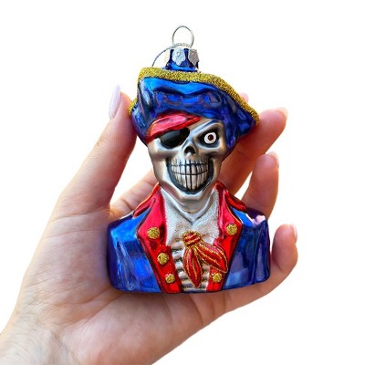 Fierce Pirate Skeleton Glass Ornament, Gothic Skull Captain Decor