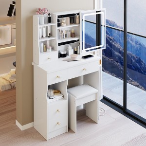 Vanity Table with 2 AC+2 USB Power Station, Hair Dryer Bracket and Brightness Adjust Touch Control Sliding LED Mirror - 1 of 4
