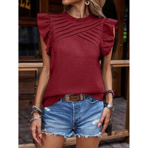 Women's Ruffle Sleeve Crew Neck Top  Pleated Casual Blouse - 1 of 4