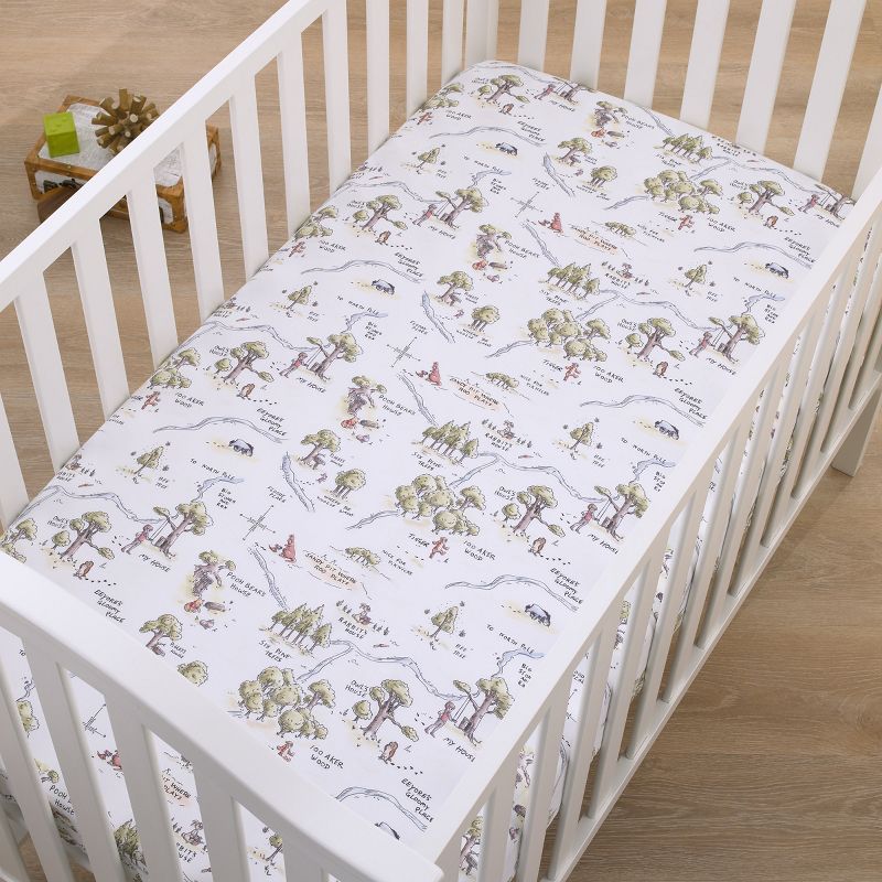 Disney Classic Winnie the Pooh Sage, Tan, and White, Map of 100 Acre Woods Super Soft Nursery Fitted Mini Crib Sheet, 4 of 5