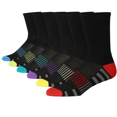 JAMES FIALLO Men's 6 Pairs Arch Support Black/Multi Toe Colors Comfortable Performance Crew Socks for Running, Hiking, and Athletic Activities