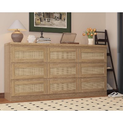 12 Drawer Dresser for Bedroom, Modern Farmhouse Rattan Chest of Drawers with Handles, Wood Dresser for Closet, Living Room, Entryway, and Hallway