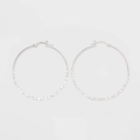 Sterling Silver Large Hammered Round Click Top Hoop Earrings 