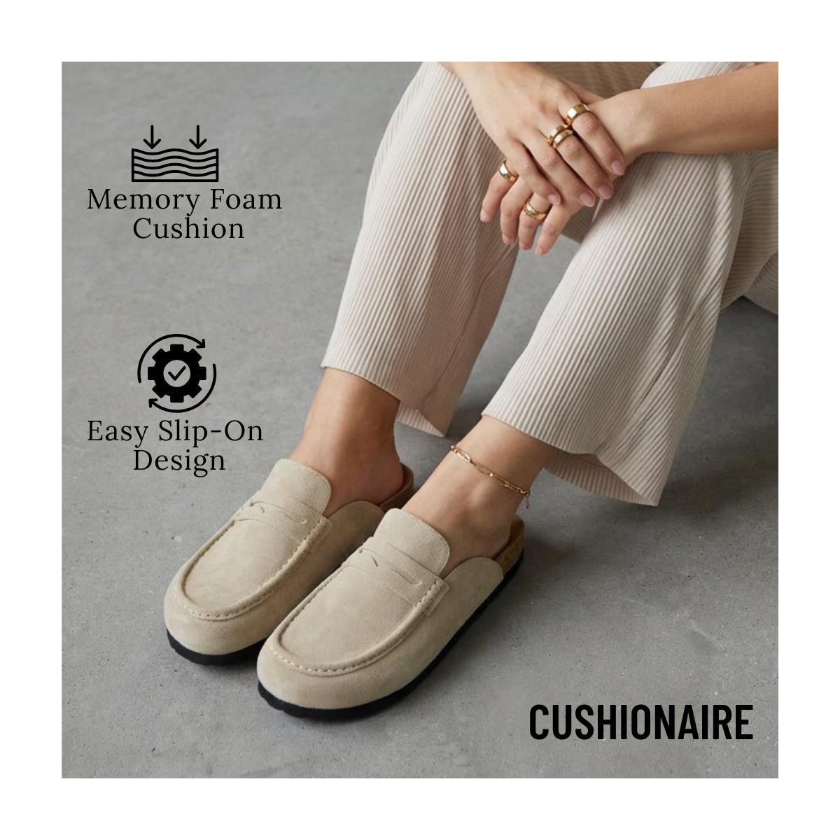 Женские сабо CUSHIONAIRE Fondu Genuine Leather Mule Clogs for Women, Comfortable Slip On Womens Shoes with Penny Strap Accent and Memory Foam Footbed, Biscuit 10 — фото 7