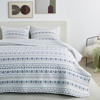 Reversible Floral Striped Quilted Coverlet Set with Shams