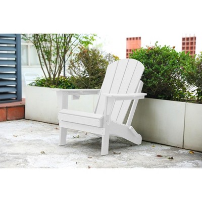 Akoasm Composite Foldable Wood Texture Adirondack Chair With Dual Cup Holder-White