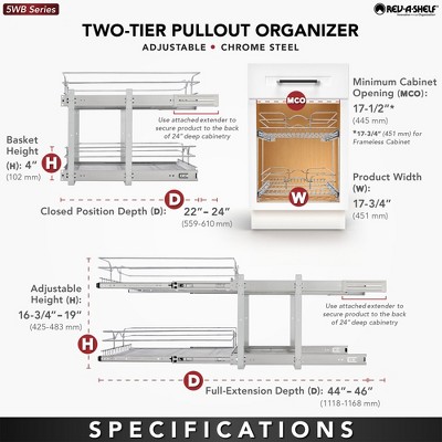 Rev-A-Shelf Pullout 2-Tier Basket Organizer for Kitchen or Vanity Cabinets, 18 x 22 In, 5WB2-1822CR-1 — фото 5