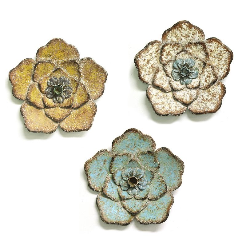 Stratton Home Decor S09593 Set of 3 Metal Rustic Flower Wall Decor, Multicolor, 1 of 9
