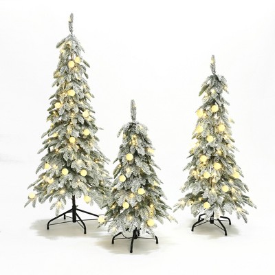 LuxenHome 3-Piece Flocked Artificial Tree Set with Lights and Metal Stand Green