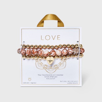 Beloved + Inspired Gold Rose Quartz and Red Picasso Jasper with Heart Charm Trio Stretch Beaded Bracelet Set - Pink Rose