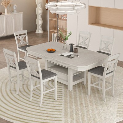 VECELO 7-Piece Extendable Dining Table Set, Rubber Wood Table with 6 Armless Upholstered Dining Chairs for Kitchen, Gray