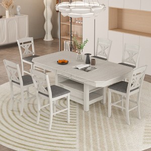 VECELO 7-Piece Extendable Dining Table Set, Rubber Wood Table with 6 Armless Upholstered Dining Chairs for Kitchen, Gray - 1 of 4