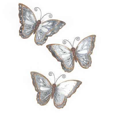 Lakeside Metal Wall Butterflies - 3D Art with Vintage, Galvanized Look - Set of 3