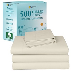 Luxury 500 Thread Count Bed Sheets Set - 100% Cotton Sateen Sheets Set, Soft, Cool & Breathable, Deep Pocket by California Design Den - 1 of 4