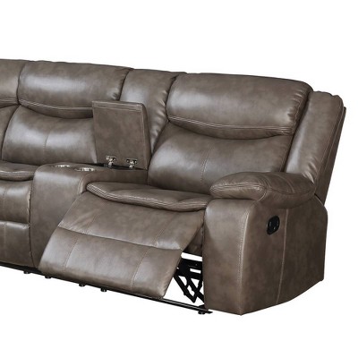 Luxurious Taupe Leather-Aire 3-Piece Tufted Sectional with Cup Holders