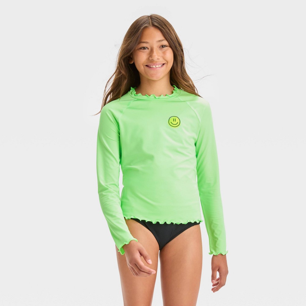 Photos - Swimwear Girls' Smiley Face Rash Guard Swim Top - art class™ Green M