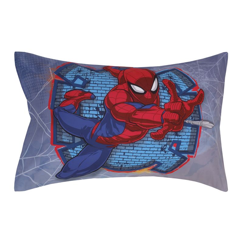 Marvel Spiderman Wall Crawler Red, White, and Blue Spider Webs 4 Piece Toddler Bed Set, 5 of 7