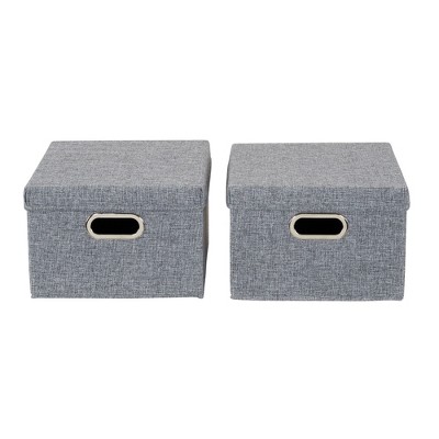 Gray Linen Collapsible Stackable Storage Boxes with Lids, 2 Piece Set