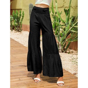 Women's High Waist Wide Leg Pants Ruffle Smocked Waist Tie Belt Trousers - 1 of 4