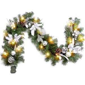 6FT Pre-Lit Christmas Garland with Lights,Battery Operated Artificial Xmas Decoration with Silver Ornaments - 1 of 4