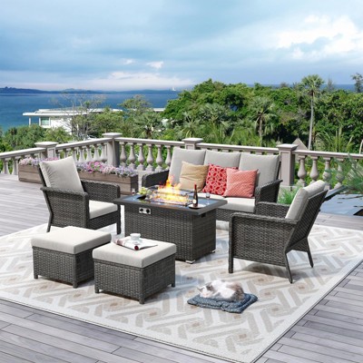 Brafab 6-Piece Patio Furniture Set with Fire Pit Table 44", Outdoor Patio Conversation Sets W/Loveseats for Yard, Garden, Porch