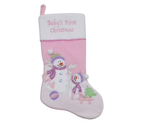 Northlight 21" Light Pink "Baby's First Christmas" Velveteen Snowmen Christmas Stocking