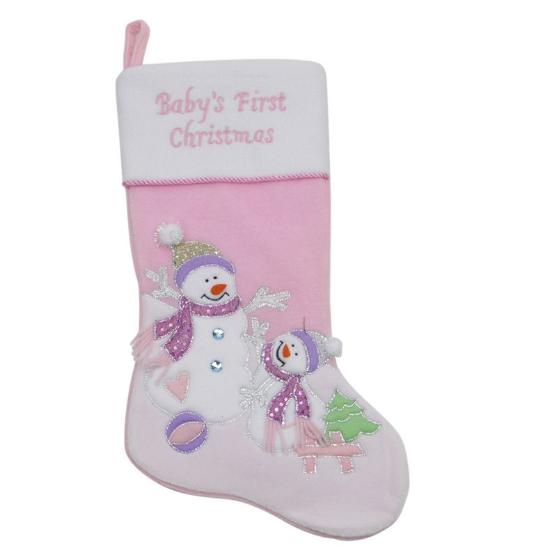 Northlight 21" Light Pink Baby's First Christmas Velveteen Snowmen Christmas Stocking, 1 of 4