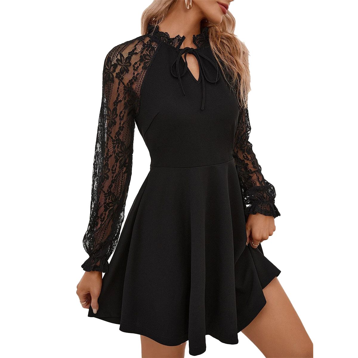 Womens Skater Lace Dress with Lace Sleeve Ruffle Neck Lace Cocktail Dress Wedding Guest Party Dress Summer A-Line Mini Dress Flared Dress
