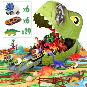 Skirfy Dinosaur Toys for Kids, 77PCS Dinosaur Carrier Track Toys, Realistic Dino Figures Set with Eggs&Trees&Fence Playset, Light Green - 1 of 4